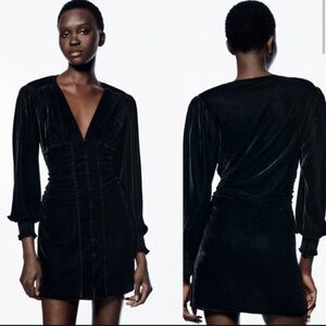 Zara long sleeve, ruched sleeve & waist velvet mini dress